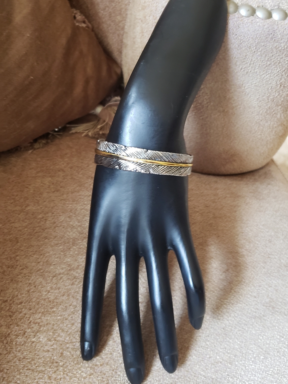 Two-Tone Feather Engraved Cuff Bracelet